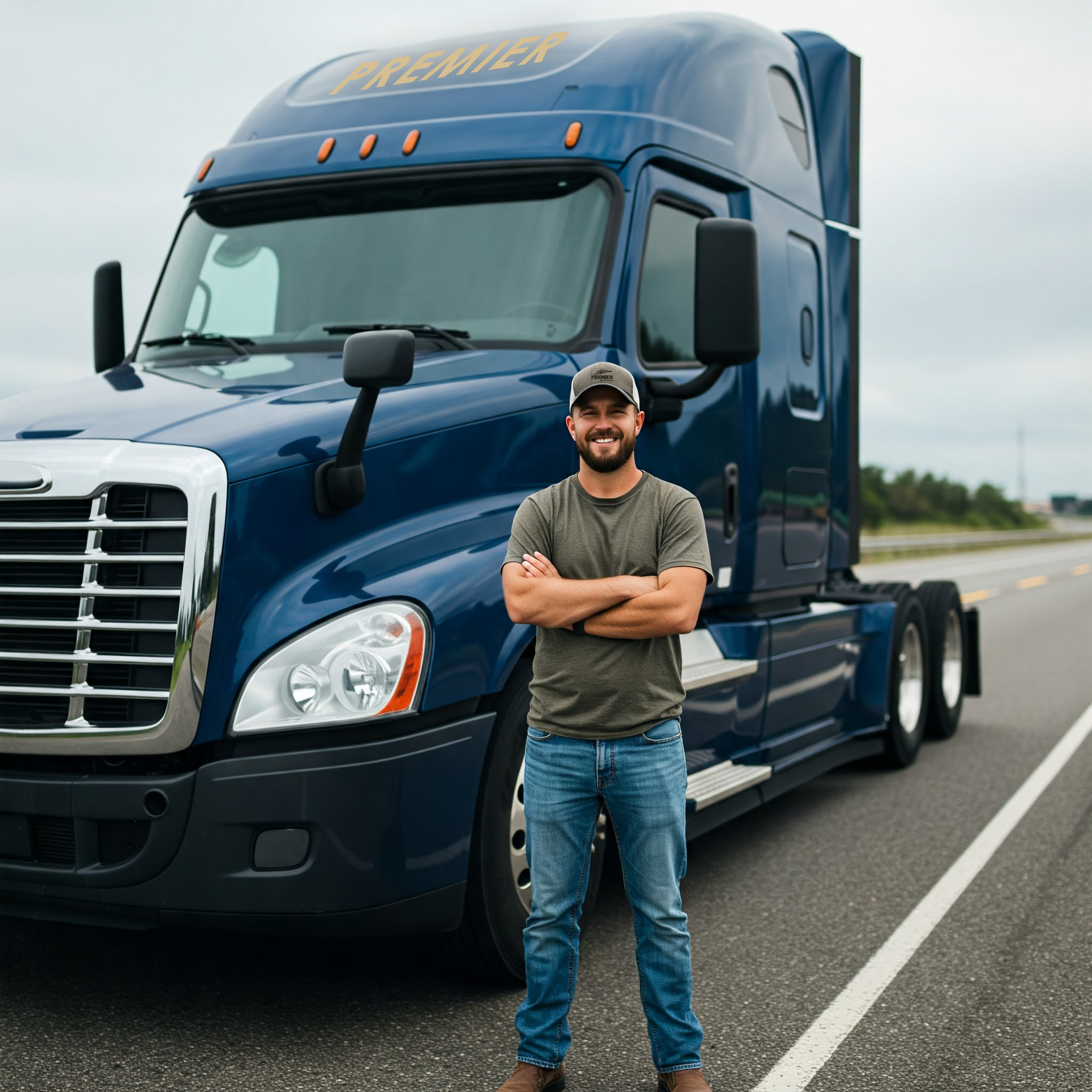 Premier driver in front of truck