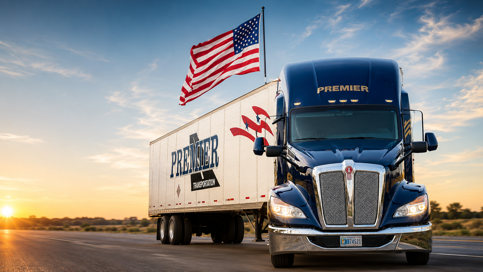 Premier Transportation truck with American flag