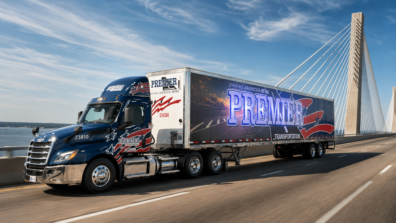 Premier Transportation truck with American flag